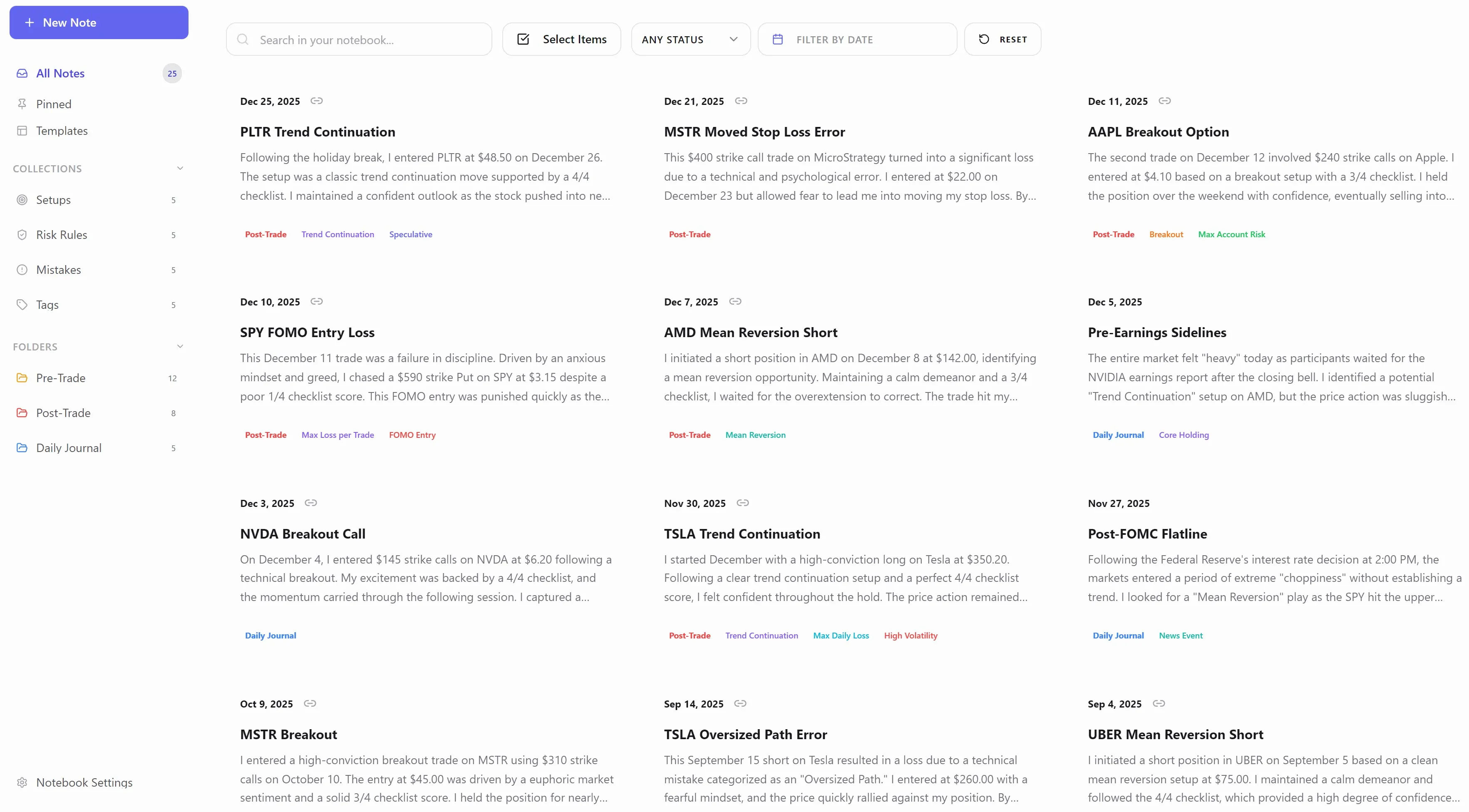 The LynxTrades notebook showing linked pre-trade and post-trade notes organized by collection, folder, setup, and tag