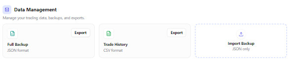 LynxTrades data management showing per-account JSON backup and CSV trade-history export controls
